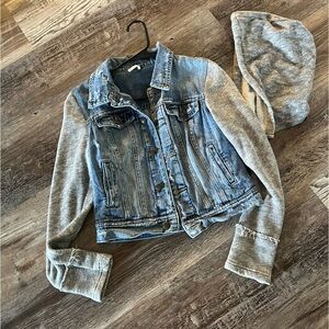 Free People FP Distressed Denim /Knit Hooded Jacket XS removable hood!